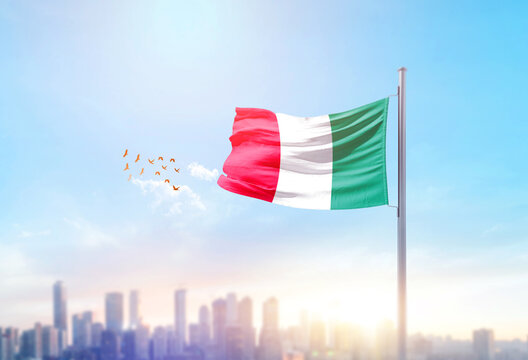 Italy national flag waving with skyline and buildings. Italy national flag for independence day.