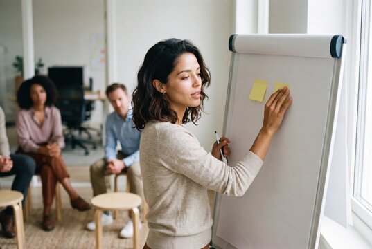 Generative AI, Businesswoman leading workshop presentation with flip chart