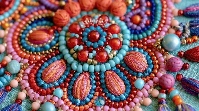 Intricate beaded embroidery with colorful floral pattern and tassels on turquoise fabric