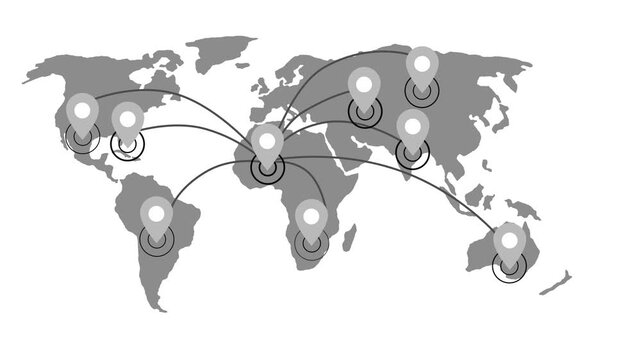 World map silhouette with location pins connected by curved lines indicating global network communication