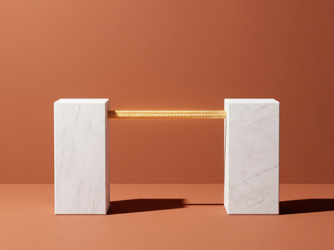 Modern minimalist composition featuring two textured white stone blocks supporting horizontal wooden lintel against warm terracotta orange background.