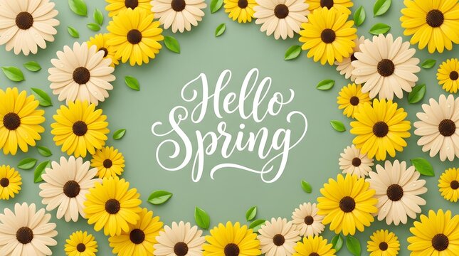 Yellow and cream daisies arranged in a circular frame with calligraphy text on green background
