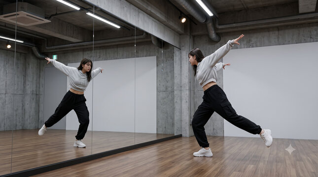 An entertainment Idol trainee dancing K-pop moves in front of a mirror in a dance studio.
