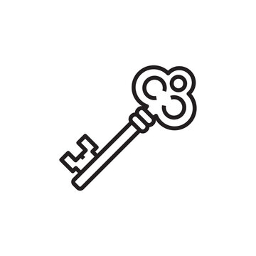 Simple outline icon of an ornate vintage skeleton key for opening secrets.