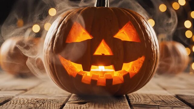 Glowing jack-o'-lantern pumpkin with candle flame and drifting smoke on rustic wooden table, Halloween bokeh lights background