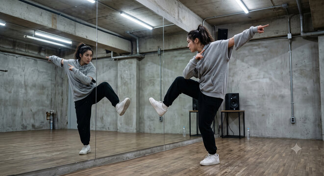An entertainment Idol trainee dancing K-pop moves in front of a mirror in a dance studio.