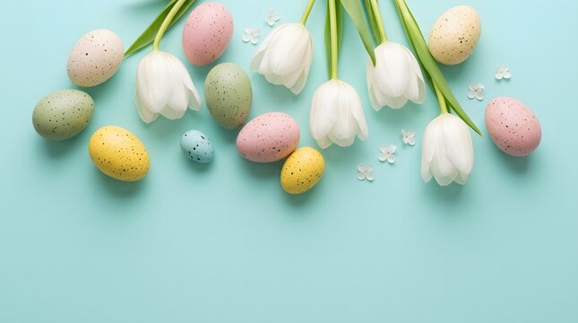 Pastel colored easter eggs and white tulip flowers arranged on a vibrant light blue background surface