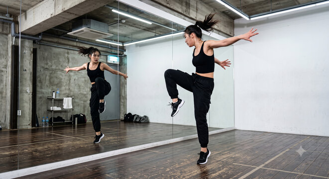 An entertainment Idol trainee dancing K-pop moves in front of a mirror in a dance studio.