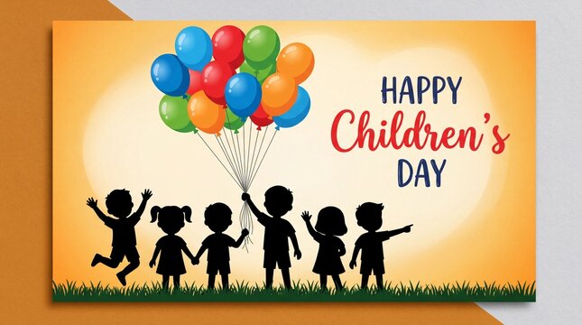 Children holding hands under colorful balloons happy childrens day kids celebration