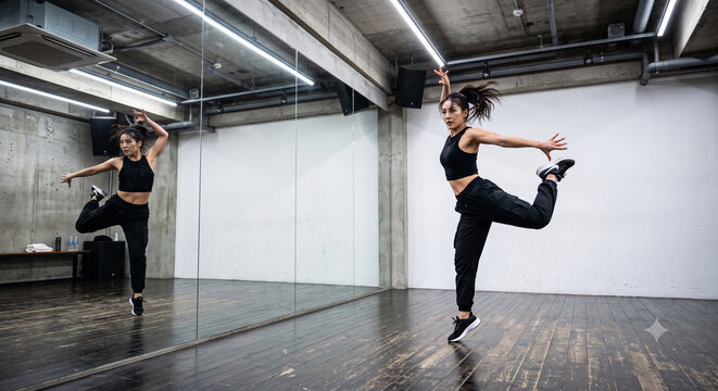 An entertainment Idol trainee dancing K-pop moves in front of a mirror in a dance studio.