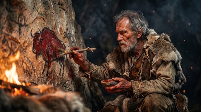 Prehistoric caveman artist paints a red bison on a stone cave wall with a crude brush by campfire light.