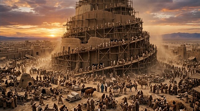 Tower of Babel from the Old Testament Book of Genesis rises as crowds of workers build the monumental ziggurat under a sunset sky.