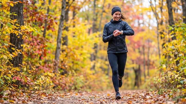 Smiling runner wearing headband checks smartwatch while jogging on forest path during autumn