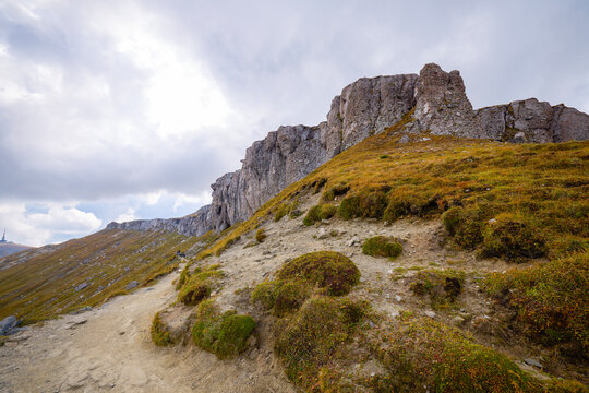 Landscape featuring a mountain ridge in the Bucegi Mountains, part of the Carpathian Mountains in Romania.