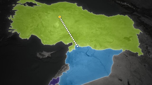 Turkey Syria Israel map animation connected by dotted line