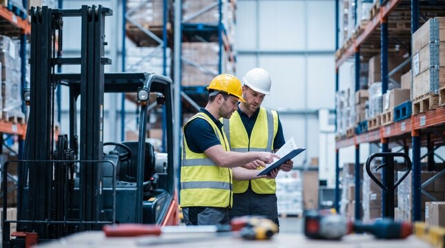 Two warehouse workers reviewing inventory checklist and logistics data in a busy distribution center aisle