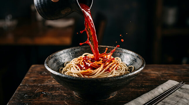 Spicy sauce pouring over a bowl of fresh noodles in a rustic ceramic