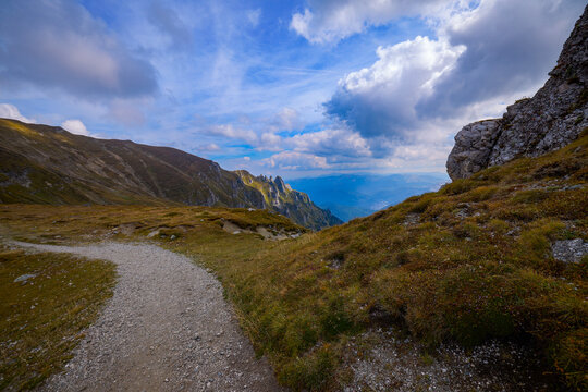 Landscape featuring a mountain ridge in the Bucegi Mountains, part of the Carpathian Mountains in Romania.