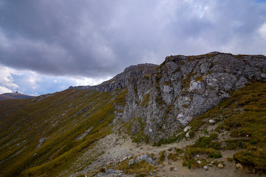 Landscape featuring a mountain ridge in the Bucegi Mountains, part of the Carpathian Mountains in Romania.