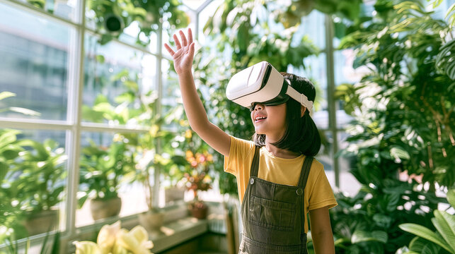 Young Asian Girl Wearing VR Headset Exploring Plants in Sunny Greenhouse With Virtual Reality

