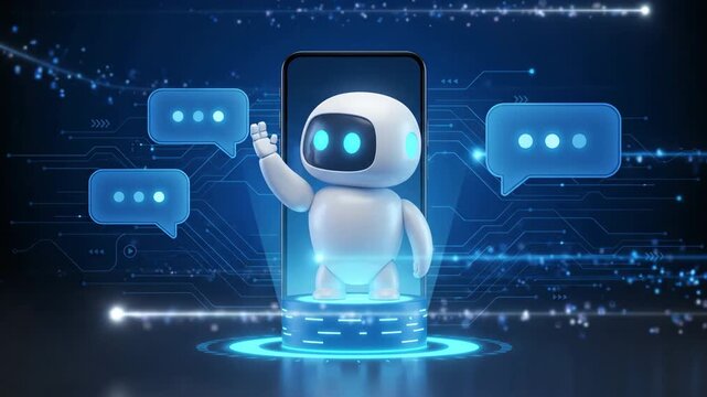 Friendly robot displaying artificial intelligence communication above smartphone screen while chatting with user inside digital messenger interface with glowing data background.
