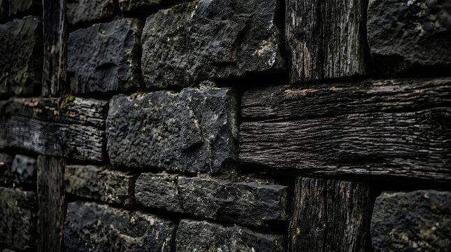 Dark weathered stone wall with interlocking wooden beam accents.