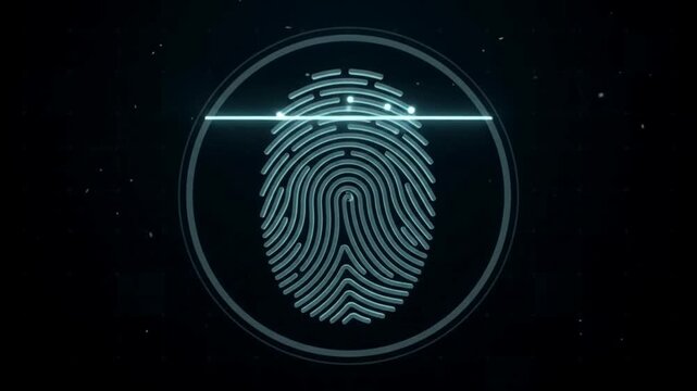 Futuristic biometric security system scanning a glowing digital fingerprint for cyber identity verification