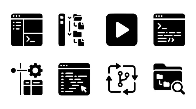 Set of code branching version control and software development icons in solid glyph style with git branch