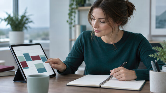 Autism at Work: Woman Reviewing Tablet Charts and Taking Structured Work Notes