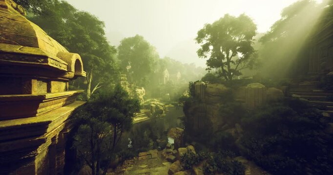 sunlit river canyon with ancient bridge, misty atmosphere bathing mosscovered stone and terraced ruins, ideal backdrop for archaeologist survey or drone