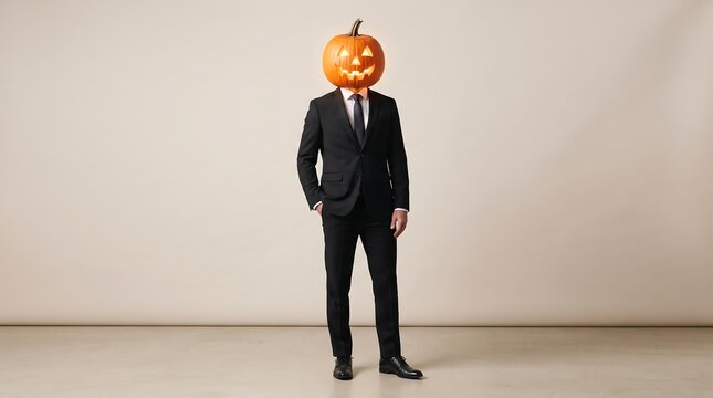 Businessman with a glowing pumpkin head for halloween
