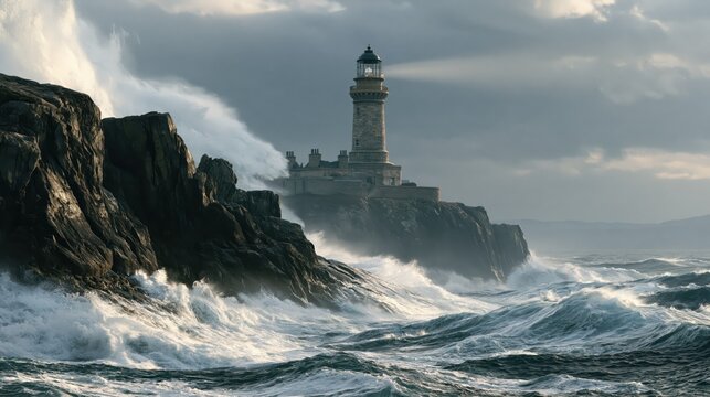 Lighthouse on rocky coast during stormy seas with dramatic light and crashing waves
