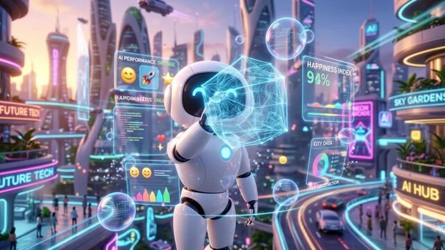 AI robot pointing at futuristic digital interface screens displaying data charts and graphs within cyberspace network environment for computer innovation engineering concepts.