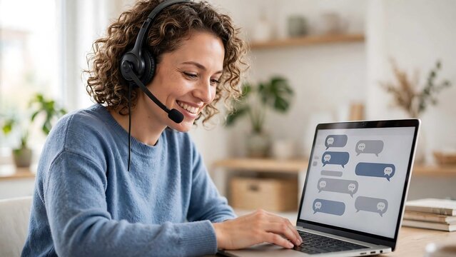 Friendly customer service agent with headset typing on a laptop with chat bubbles