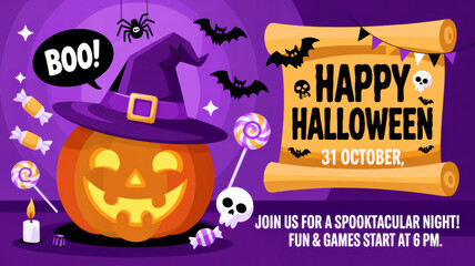 Happy Halloween Jack-o-lantern with Witch Hat and Scroll Invitation Poster for October 31st Party Event © Digonto