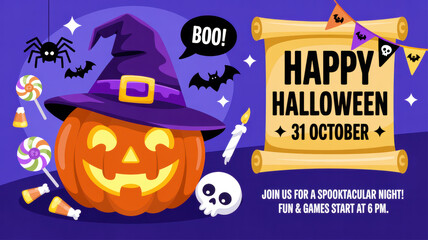 Halloween Pumpkin Illustration with Witch Hat, Spooky Skull, and Decorative Scroll for Party Invitation Poster © Digonto