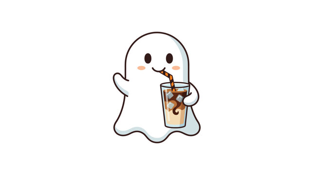 Ghost drinking iced coffee from a small glass with a straw while waving its hand happily.