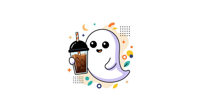 Cute ghost drinking iced coffee surrounded by colorful decorative abstract shapes.