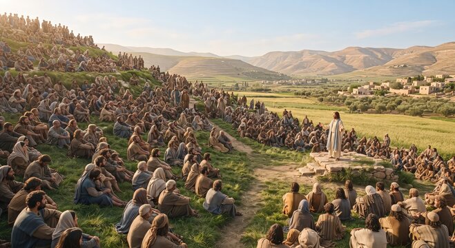 Jesus preaching to crowd on green mountain slope in biblical landscape