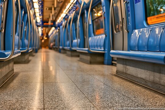 Empty subway train interior with blue seats and perspective view