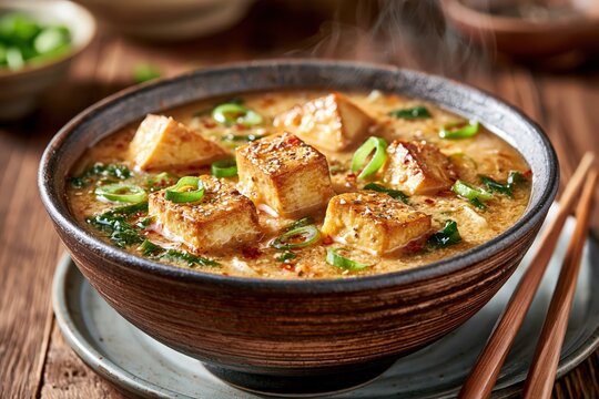 Spicy tofu soup in ceramic bowl with steaming broth and green onions