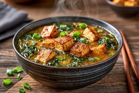 Hot miso soup with tofu and green onions in ceramic bowl steaming