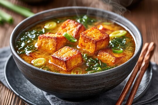 Hot miso soup bowl with crispy fried tofu and green onion closeup