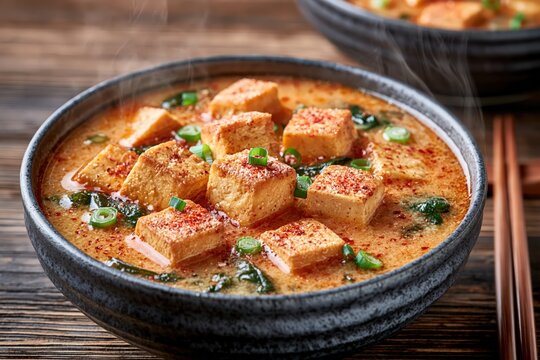 Spicy tofu soup bowl steaming hot delicious asian meal gourmet food