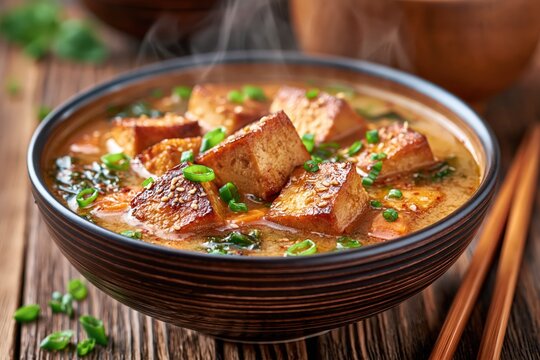 Hot miso soup bowl with crispy fried tofu cubes and green onions