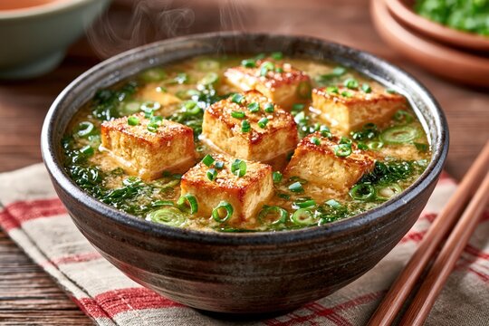 Hot miso soup bowl with crispy fried tofu cubes and green onions
