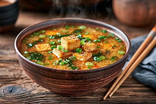 Hot miso soup bowl with tofu and green onions in rustic dining style