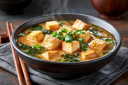 Hot miso soup bowl with tofu and seaweed, delicious Japanese food