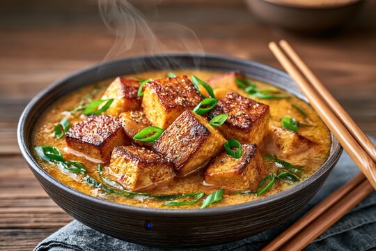 Fried tofu soup in bowl with chopsticks steaming hot delicious meal