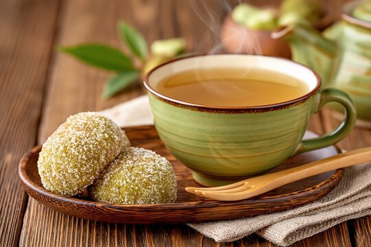 Green tea cup and sweet cookies on wooden table cozy breakfast mood